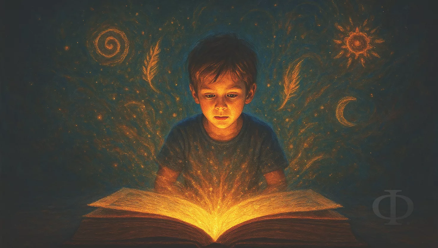 Свет от раскрытой книги освещает лицо мальчика