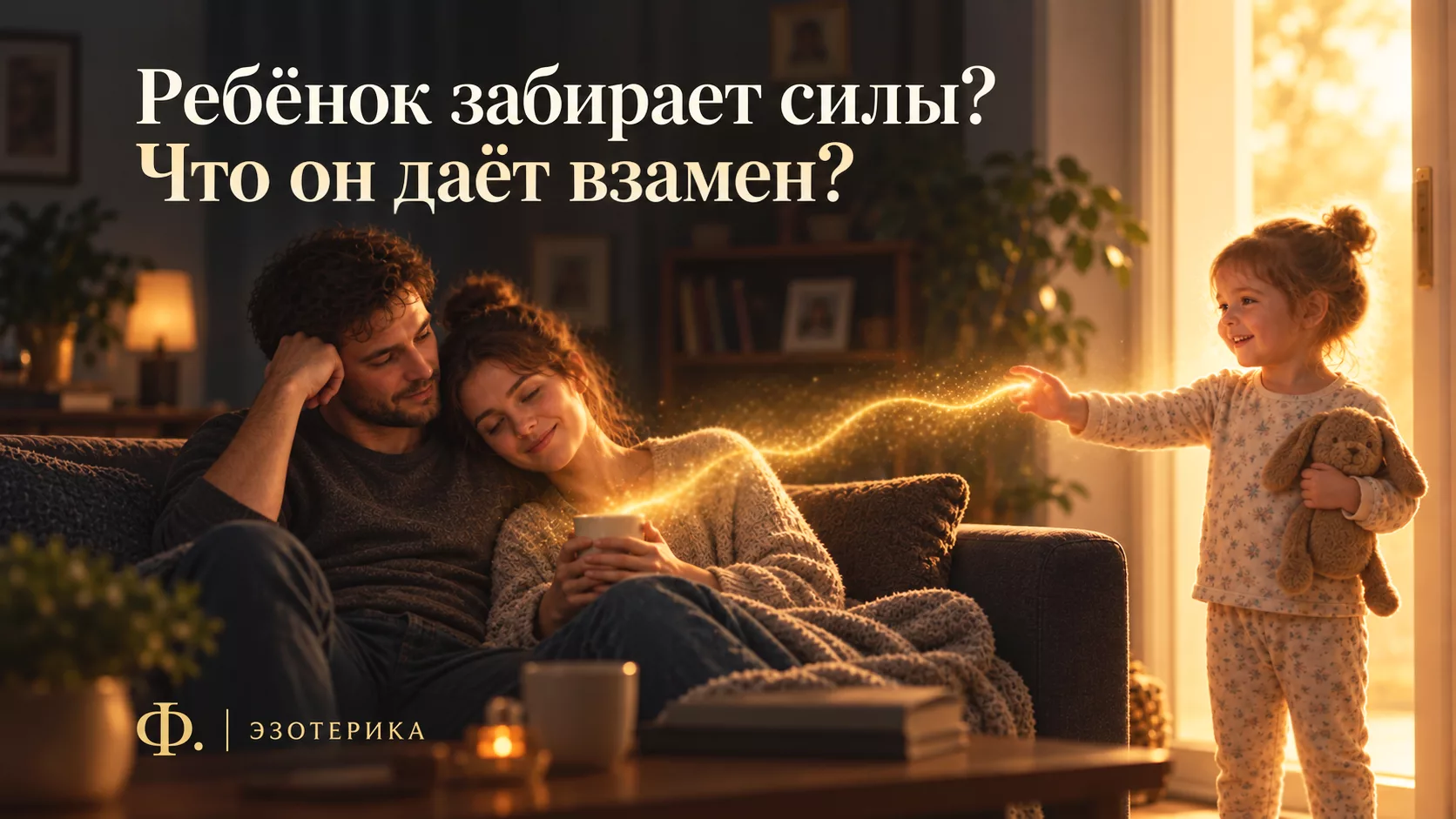 Уставшие родители на диване и ребёнок со светящейся нитью