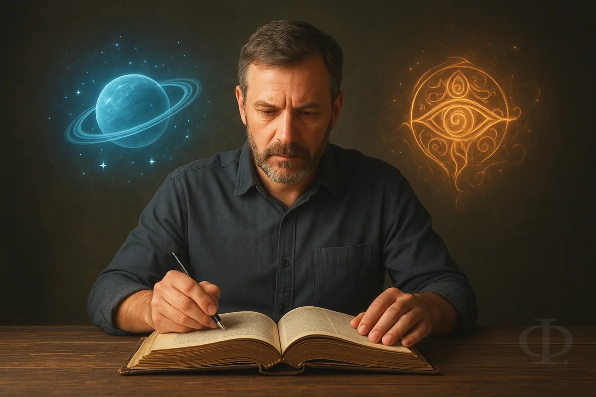Мужчина читает книгу между символами планеты и золотого узора