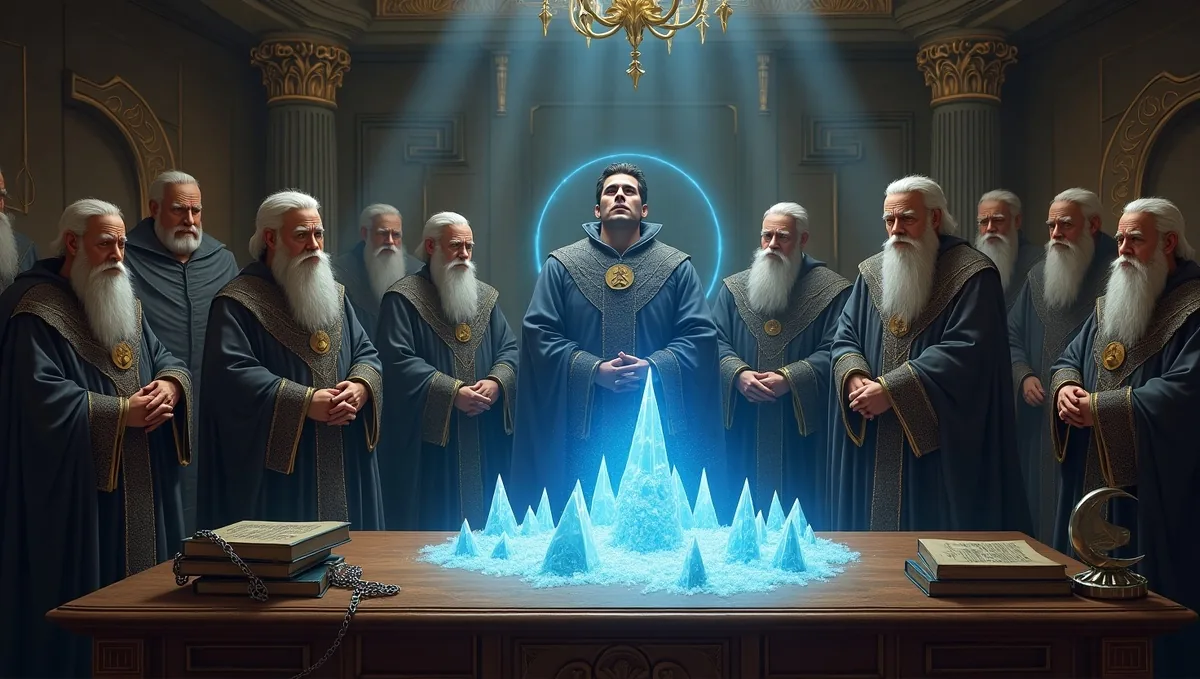 Собрание вокруг стола с голубыми кристаллами и парящим образом человека