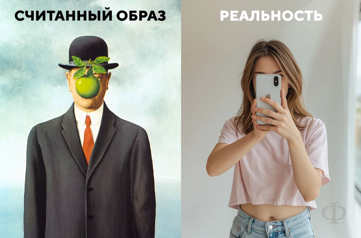 Слева изображена картина «Сын человеческий» Рене Магритта (1964г.), справа изображение девушки со смартфоном фирмы Apple, логотип которого – яблоко (фото создано мной в нейросети, 2025г.)